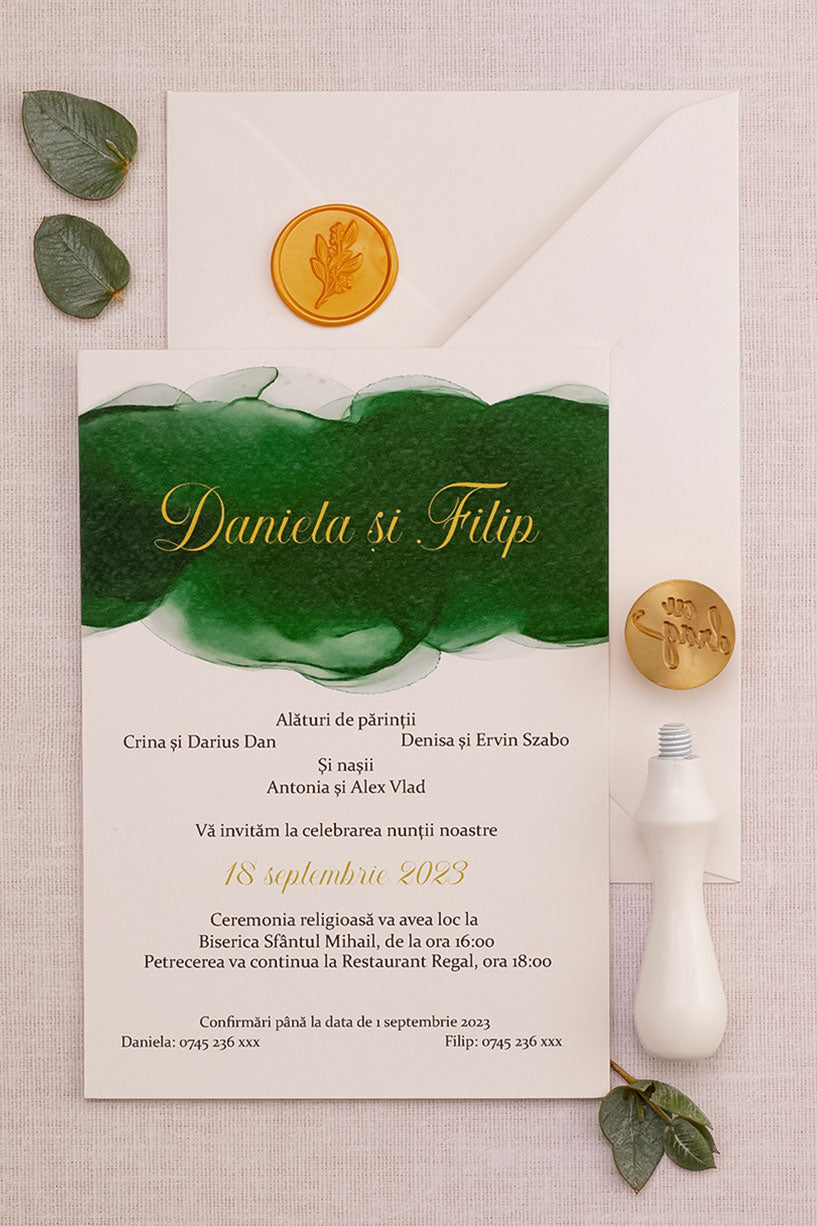 Invitații de nuntă – Green Watercolor  Invitatii Love Story   