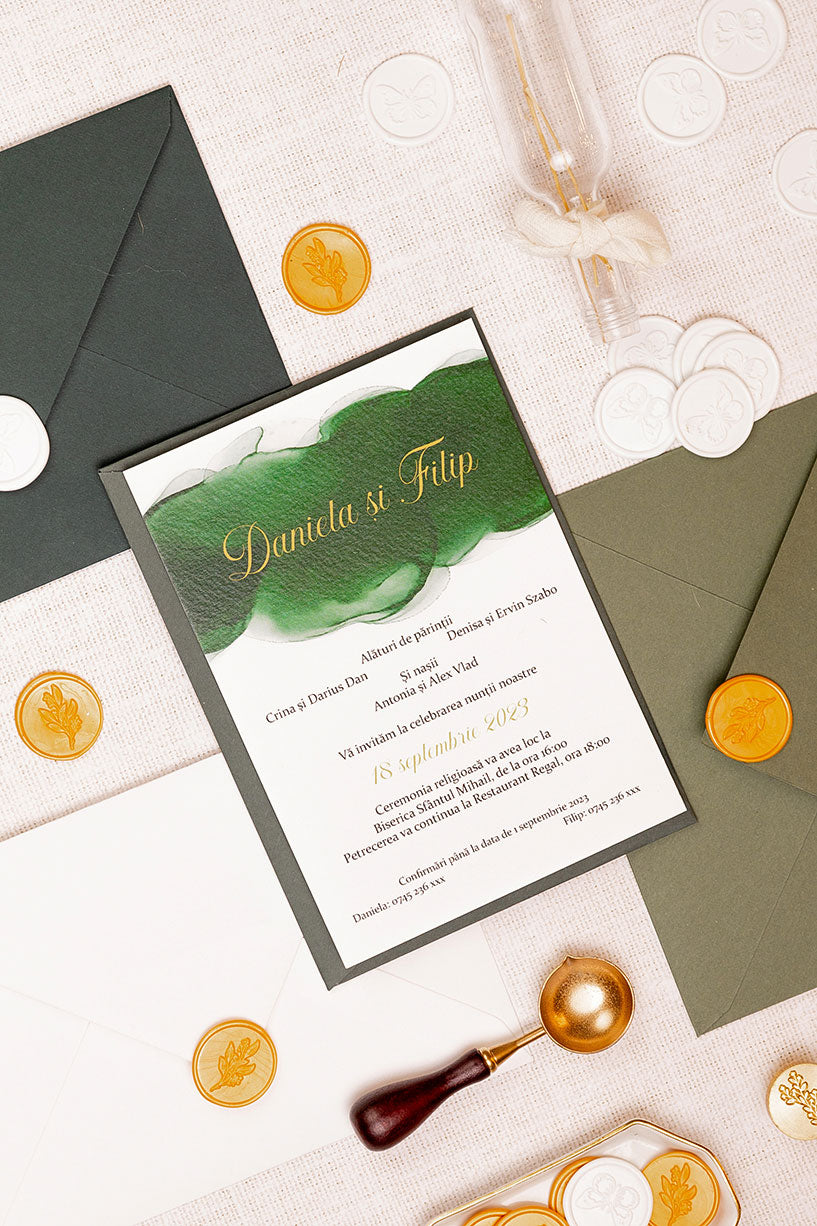 Invitații de nuntă – Green Watercolor  Invitatii Love Story   