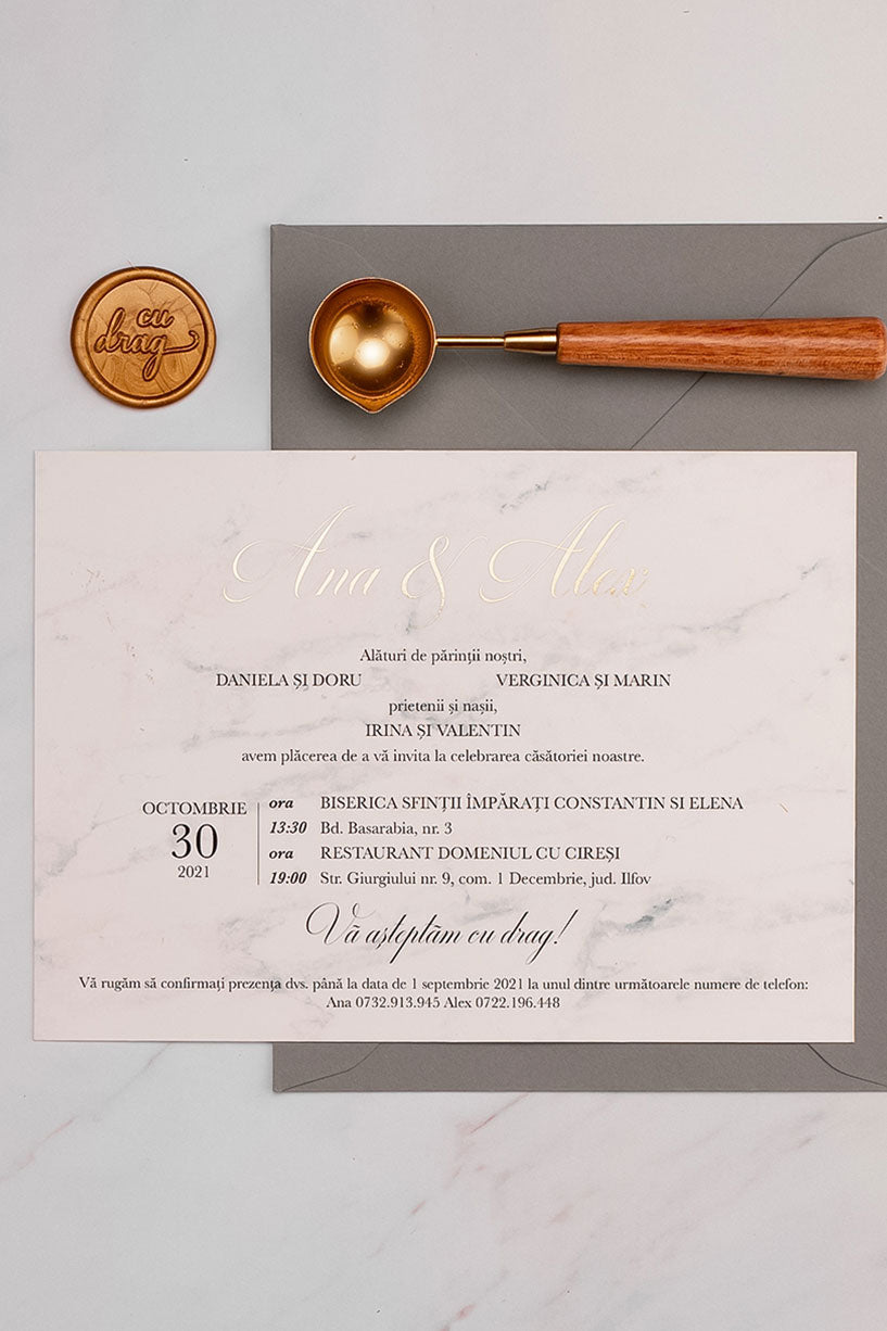 Invitații de nuntă – Marmură Gold Invitatii Love Story
