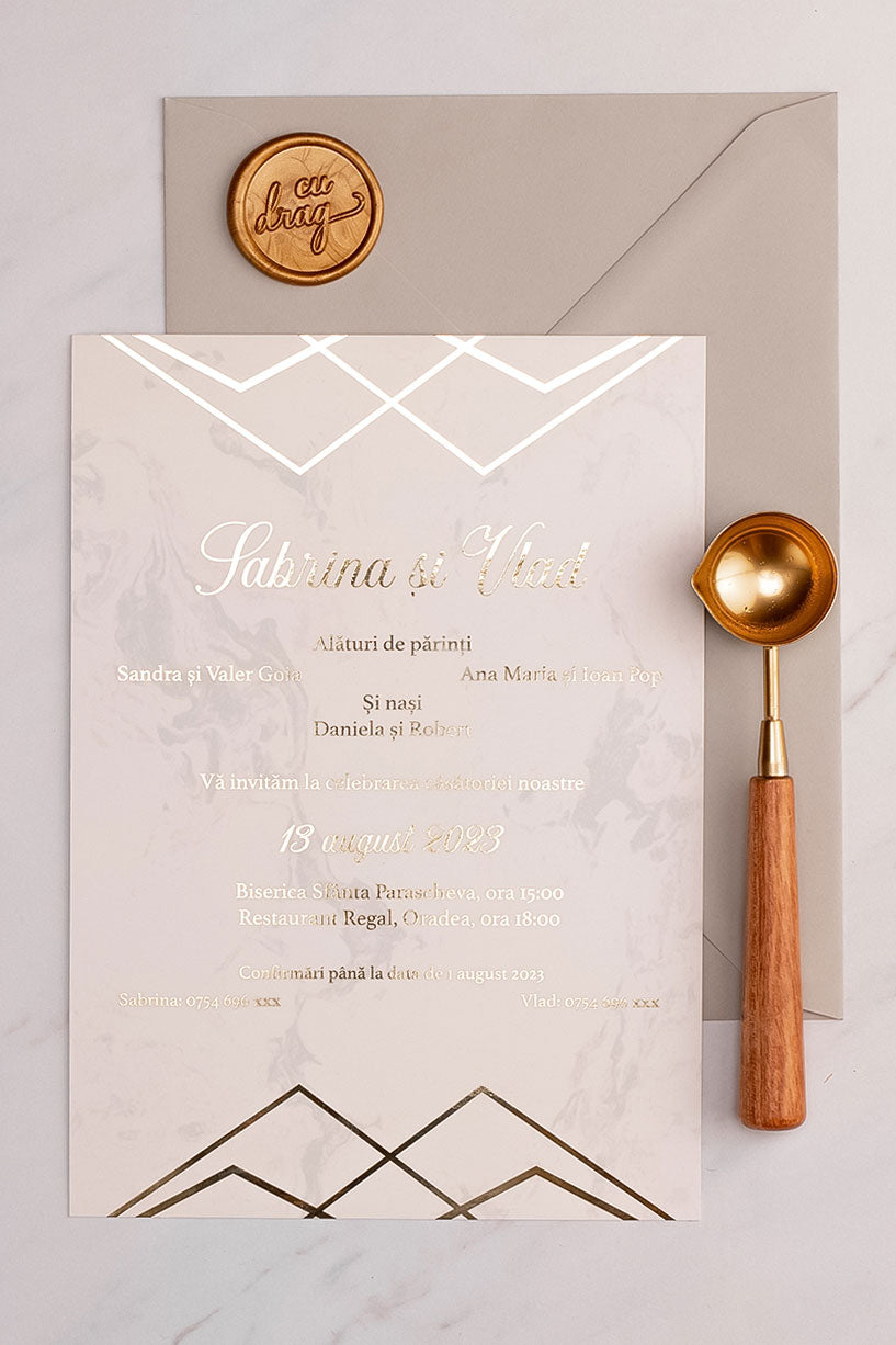 Invitații de nuntă – Marmură Gold Folio Invitatii Love Story
