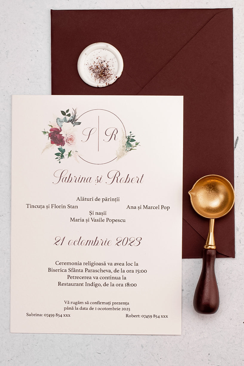 Invitații de nuntă – Monograma Bordeaux Invitatii Love Story