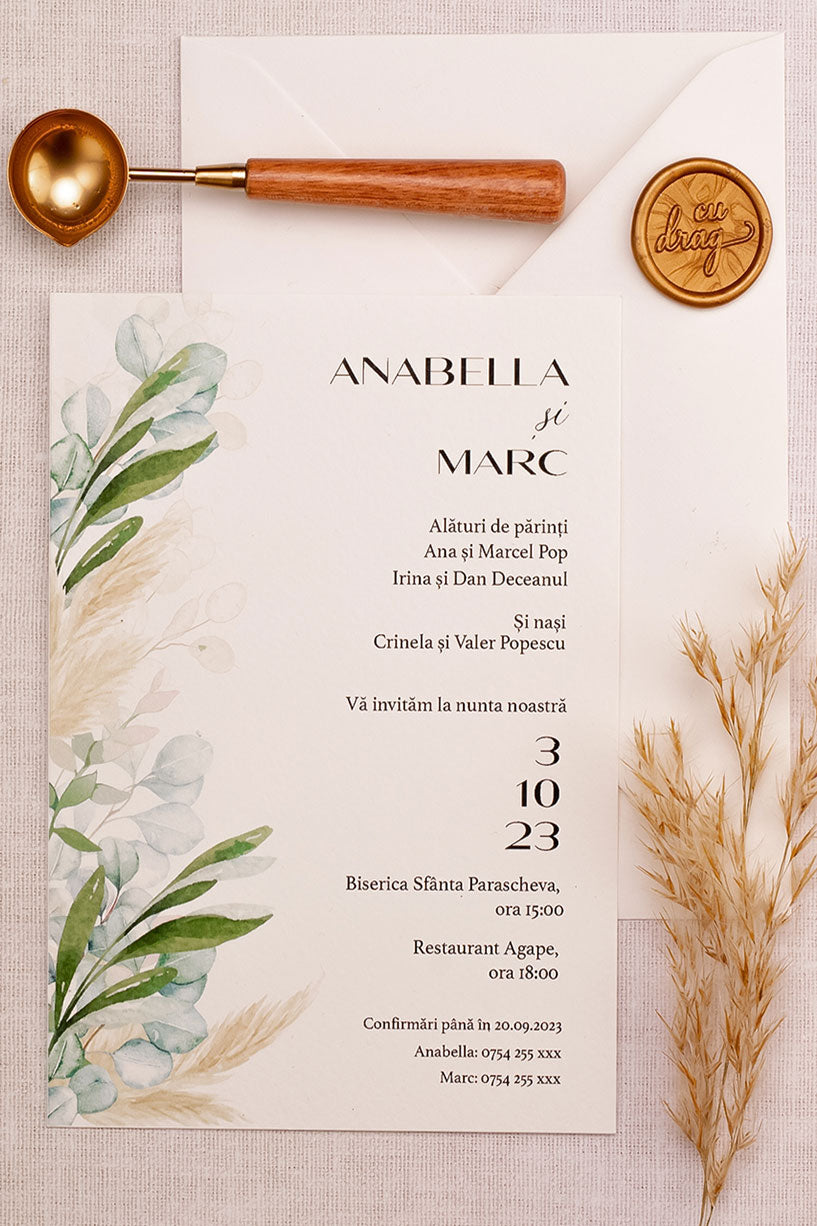 Invitații de nuntă – Pampas cu Frunze Invitatii Love Story
