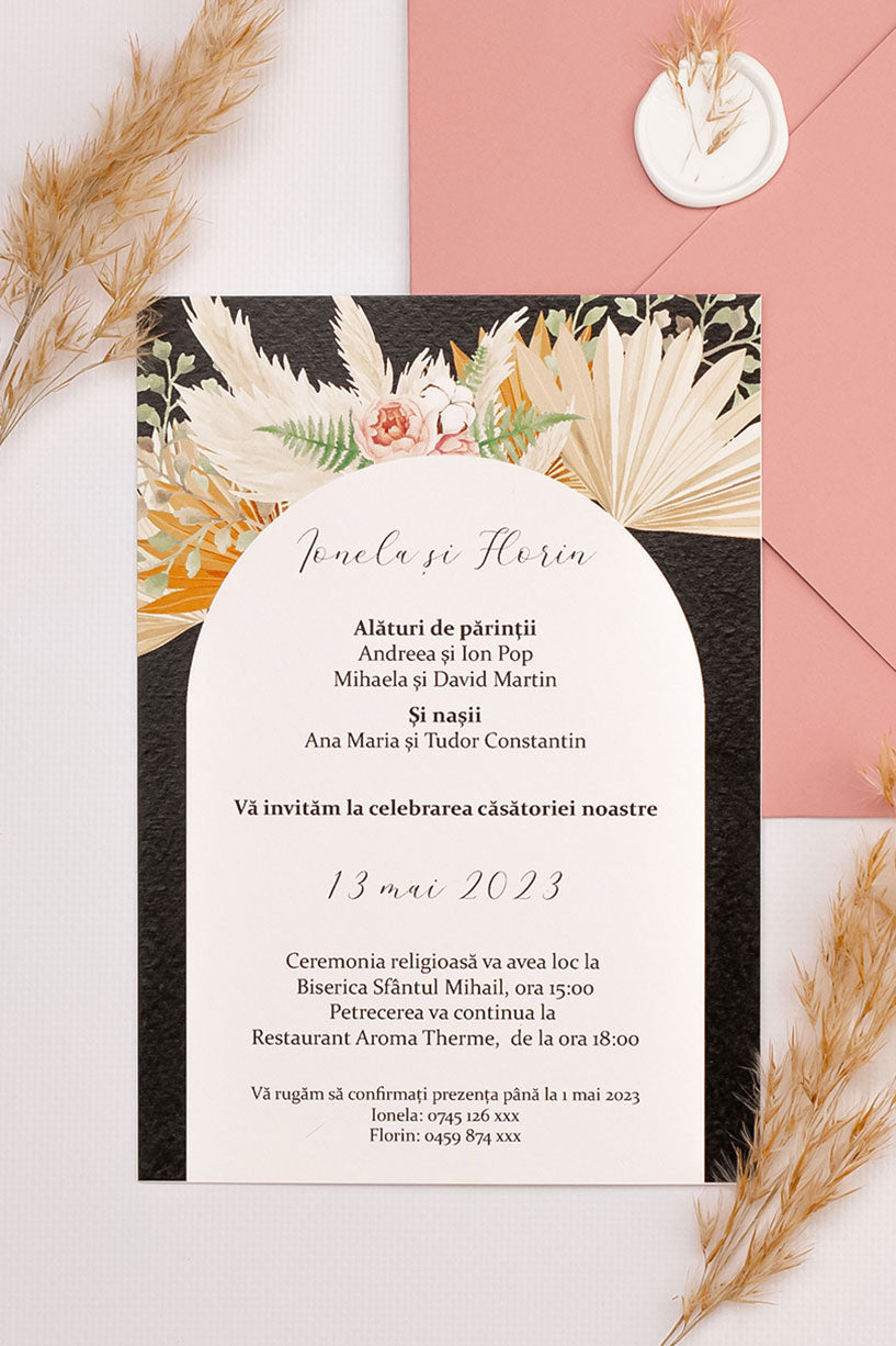 Invitații de nuntă – Pampas Fundal Negru Invitatii Love Story
