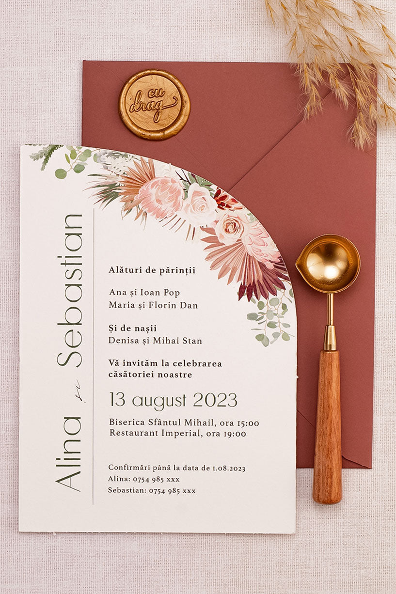 Invitații de nuntă – Pampas Roz Arcuit Invitatii Love Story
