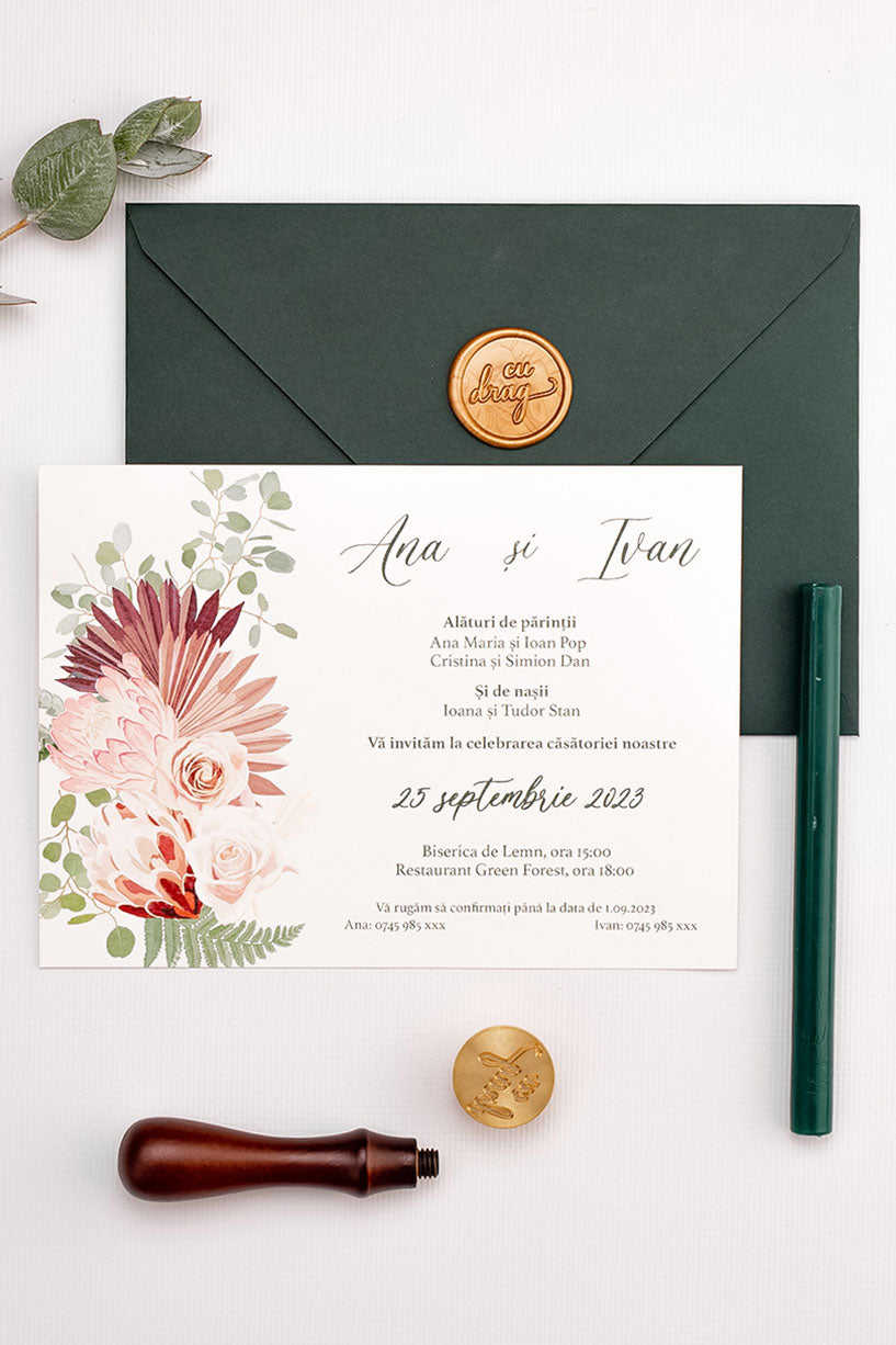 Invitații de nuntă – Pampas roz Orizontală Invitatii Love Story