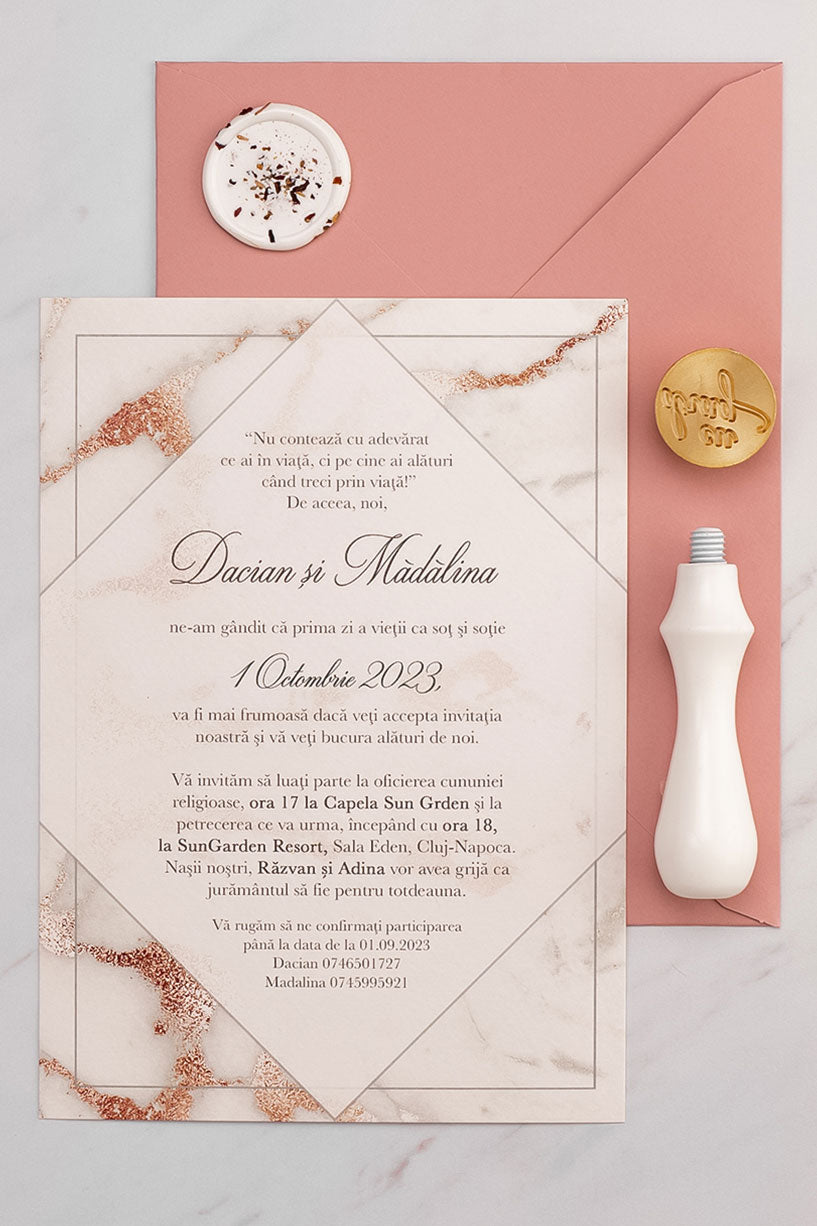 Invitații de nuntă – Rose Gold Invitatii Love Story